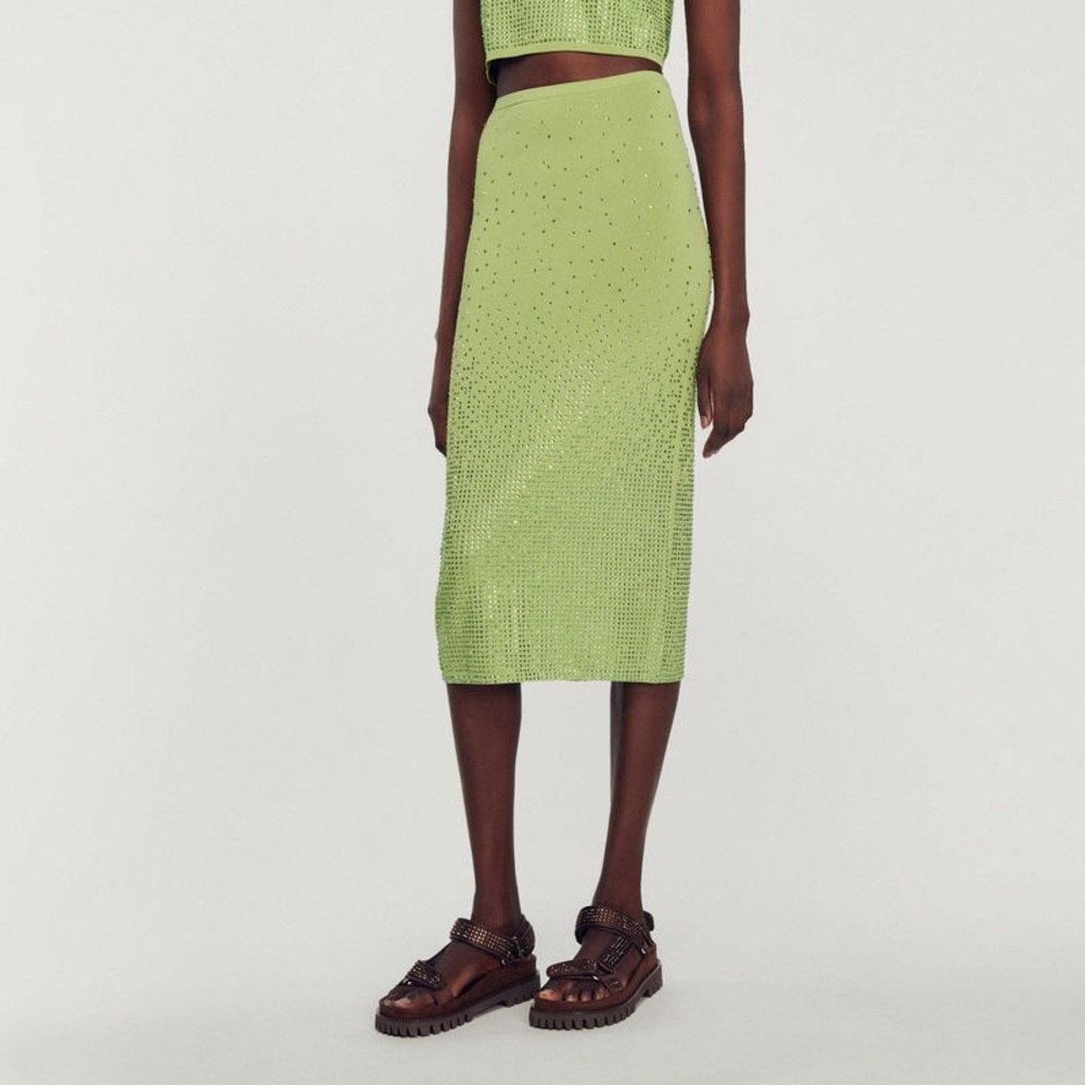 NEW SANDRO Rhinestone-Embellished Green Midi Skirt